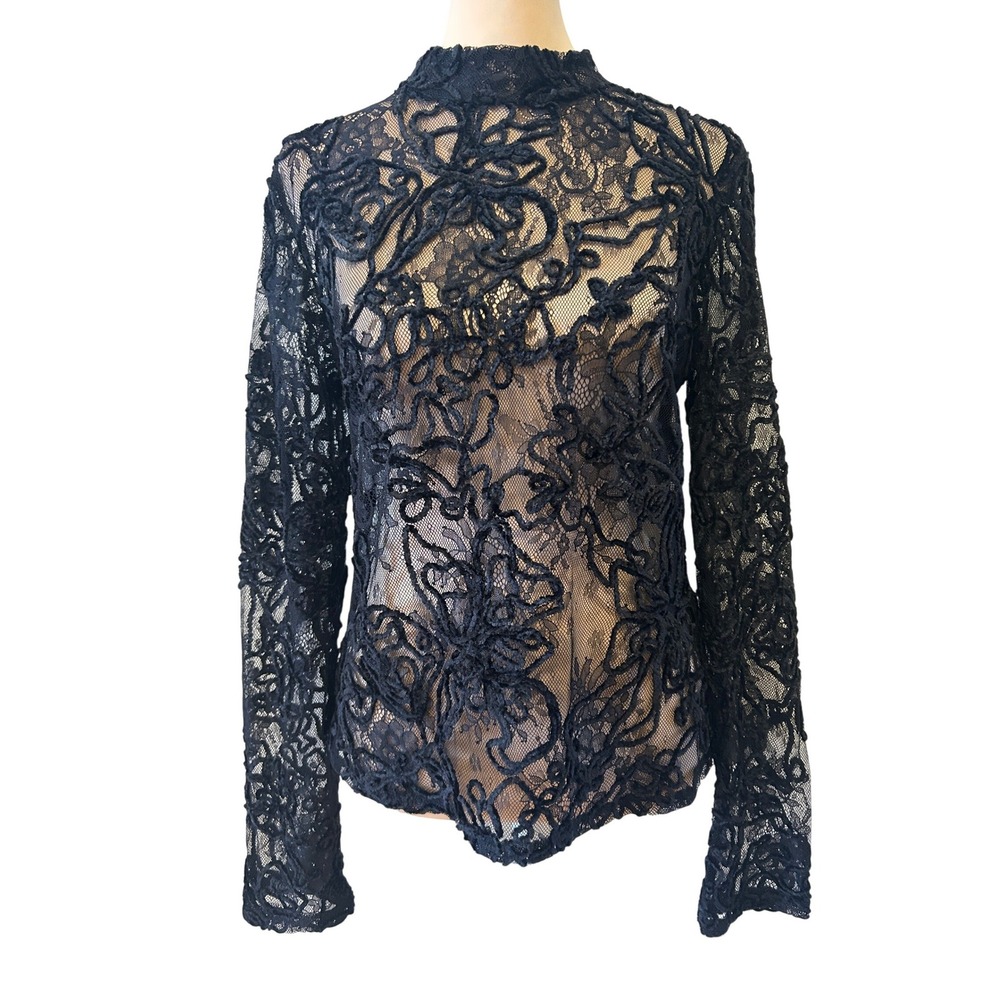 Zara Women Top Sz M Black Sheer Floral Mesh Lace Textured Witchy Vamp Whimsigoth